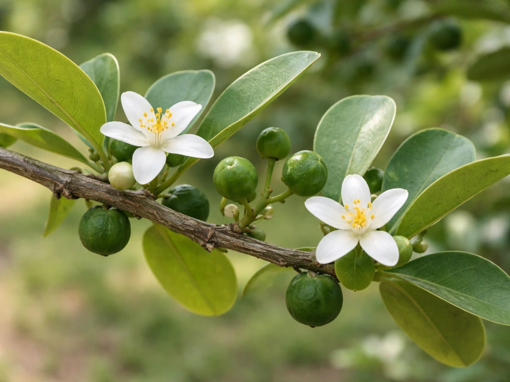 Close-up of calamansi branch with white blossoms and small green fruitlets together