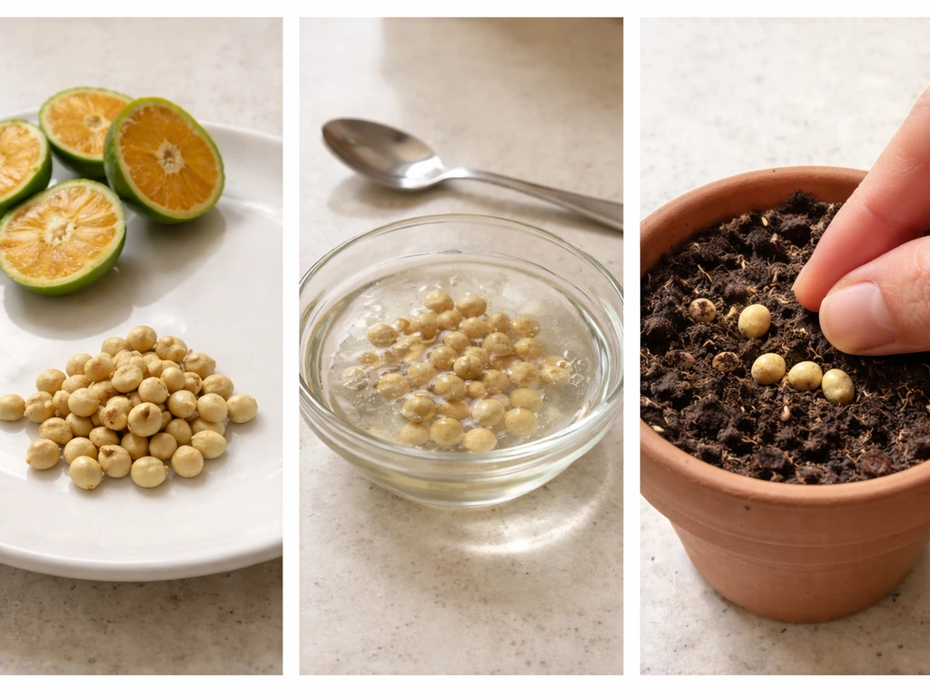 Close-up triptych showing fresh calamansi seeds, soaking in warm water, then sowing in soil.
