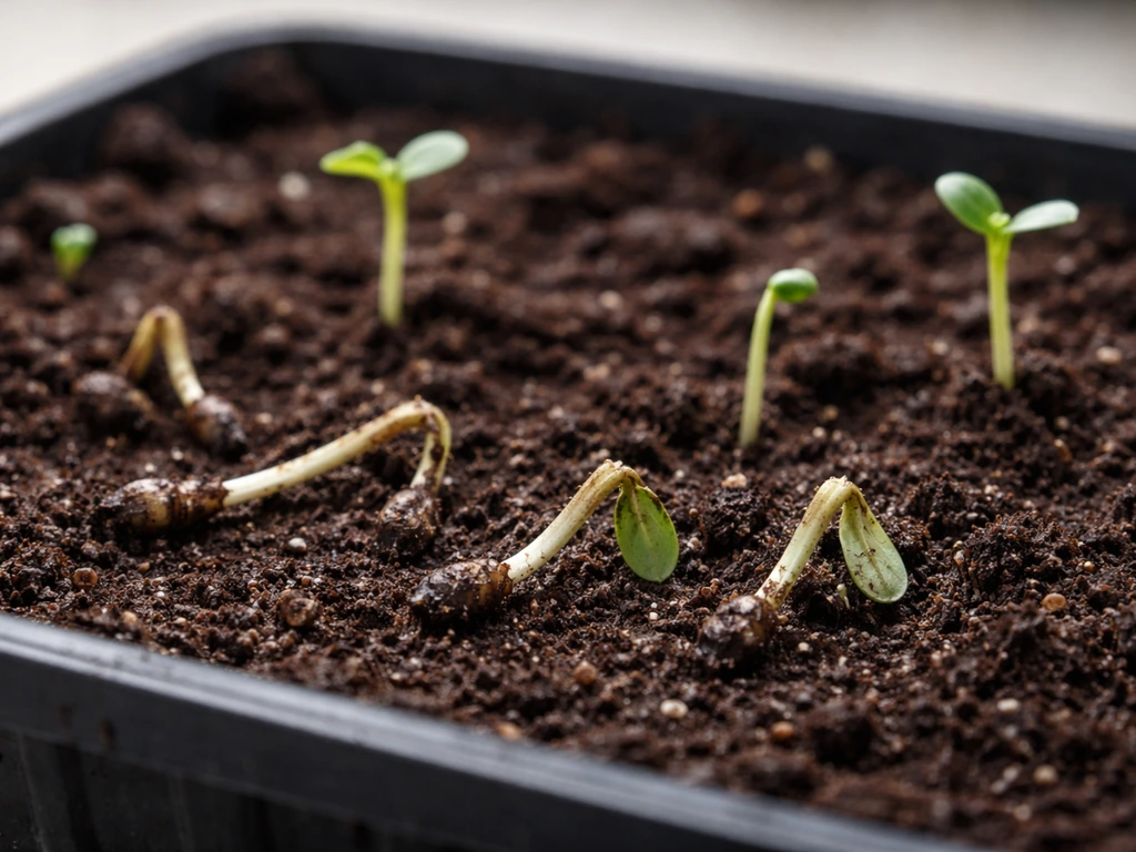 Close-up of seedlings with collapsed, rotted stems at the soil line showing damping-off.