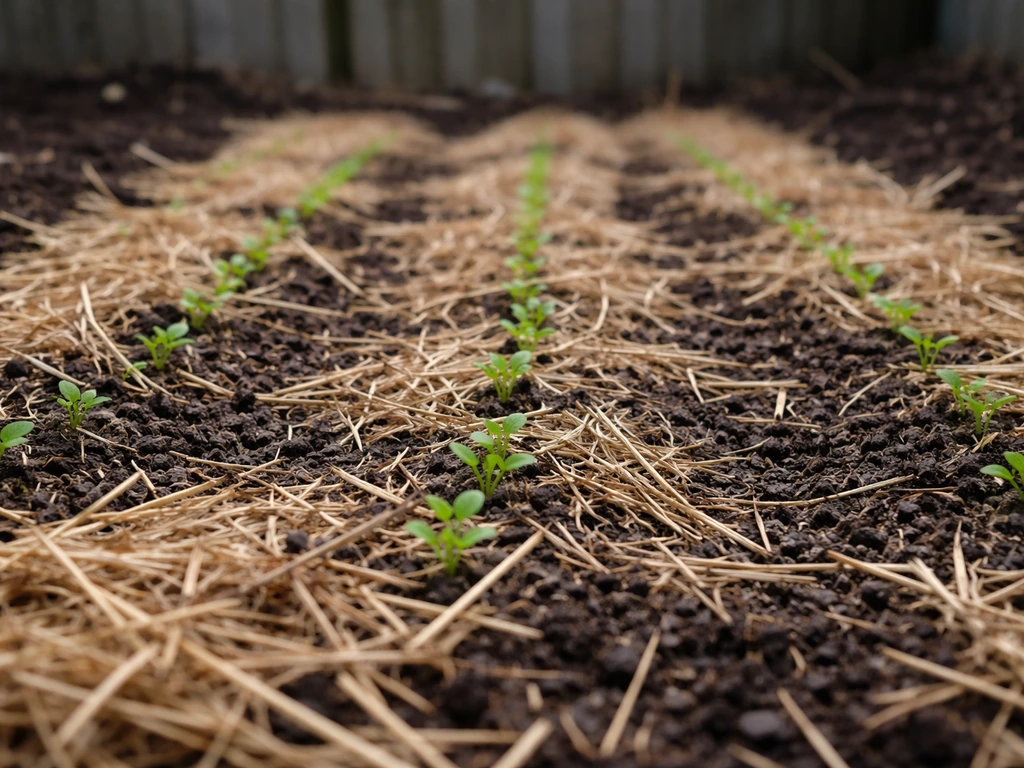 Garden bed with light straw mulch as seed rows begin to sprout, showing early growth stage.