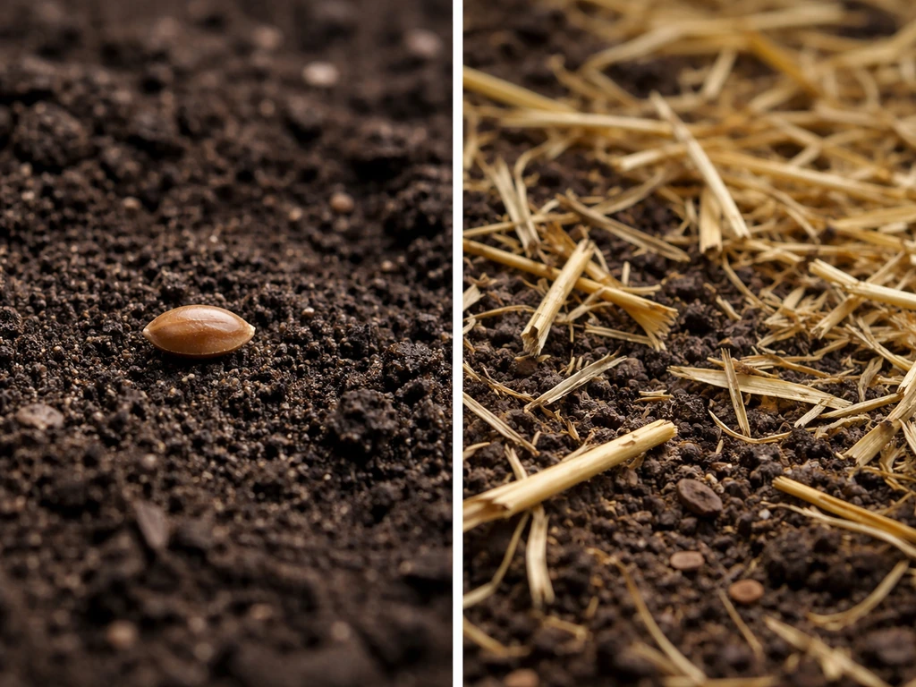 Close-up of a literal seed beside straw mulch fibers covering soil for germination