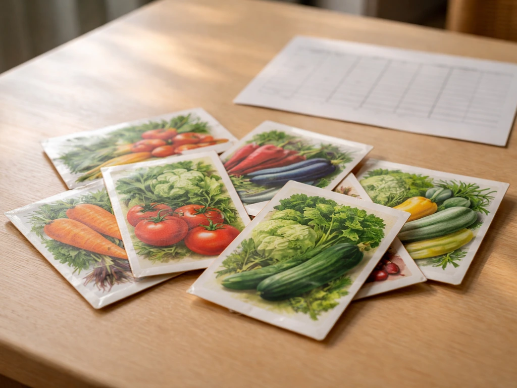Assorted vegetable seed packets with a blurred germination and harvest reference table in the background.