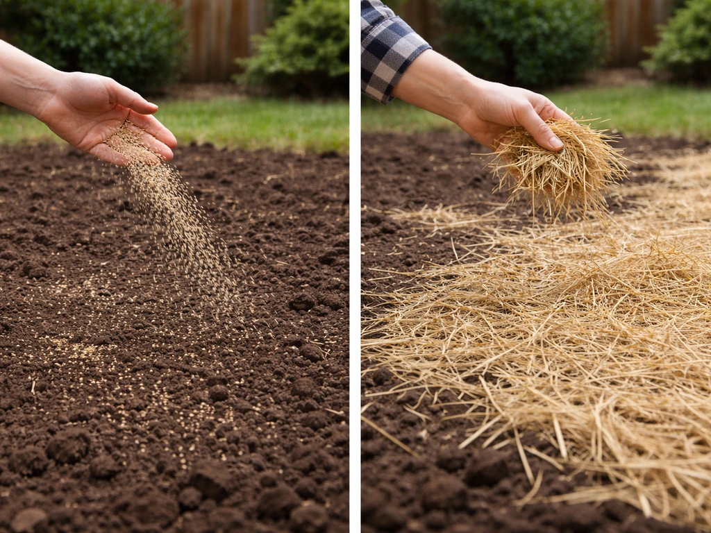 Hands scatter grass seed over soil while straw mulch is spread for moisture retention.
