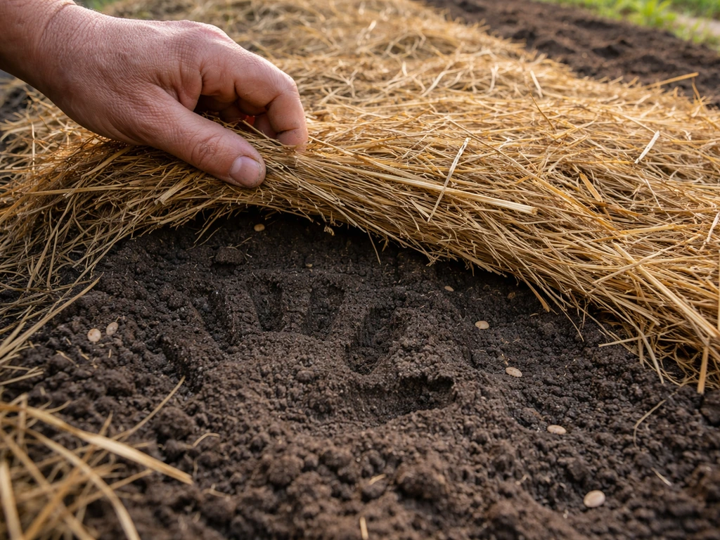 Gardener lifts straw cover from a soil bed to check moisture and seed depth.