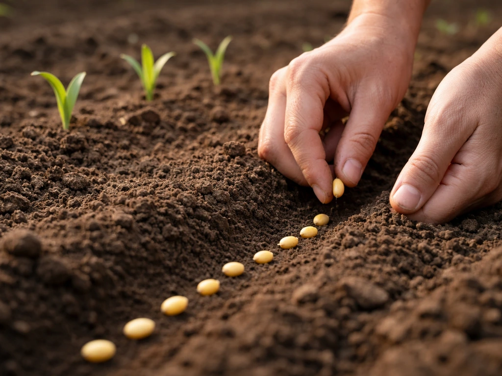 Corn seeds being planted in warm soil with small seedlings emerging in the background