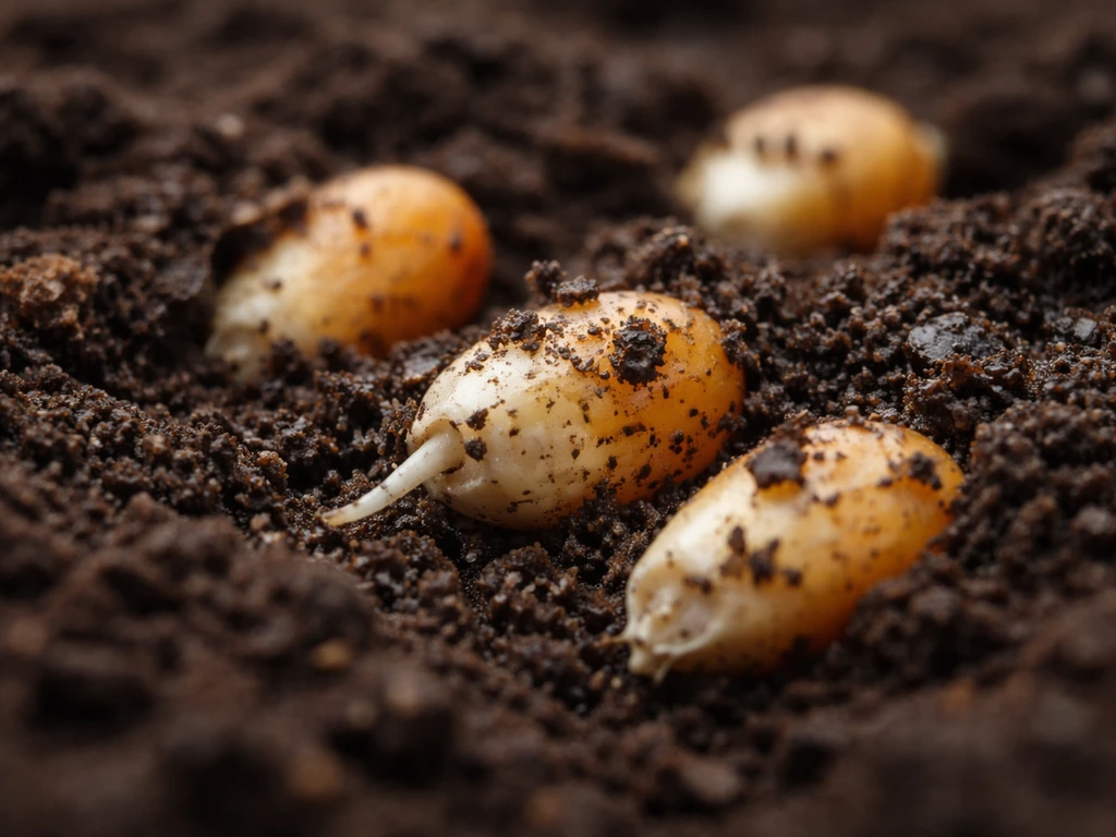 Close-up of moist soil with corn kernels showing early germination and seed-to-soil contact.