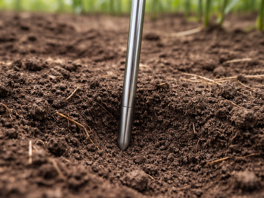Close-up of a soil thermometer inserted in warm corn-field soil, showing soil temperature near 50–60°F