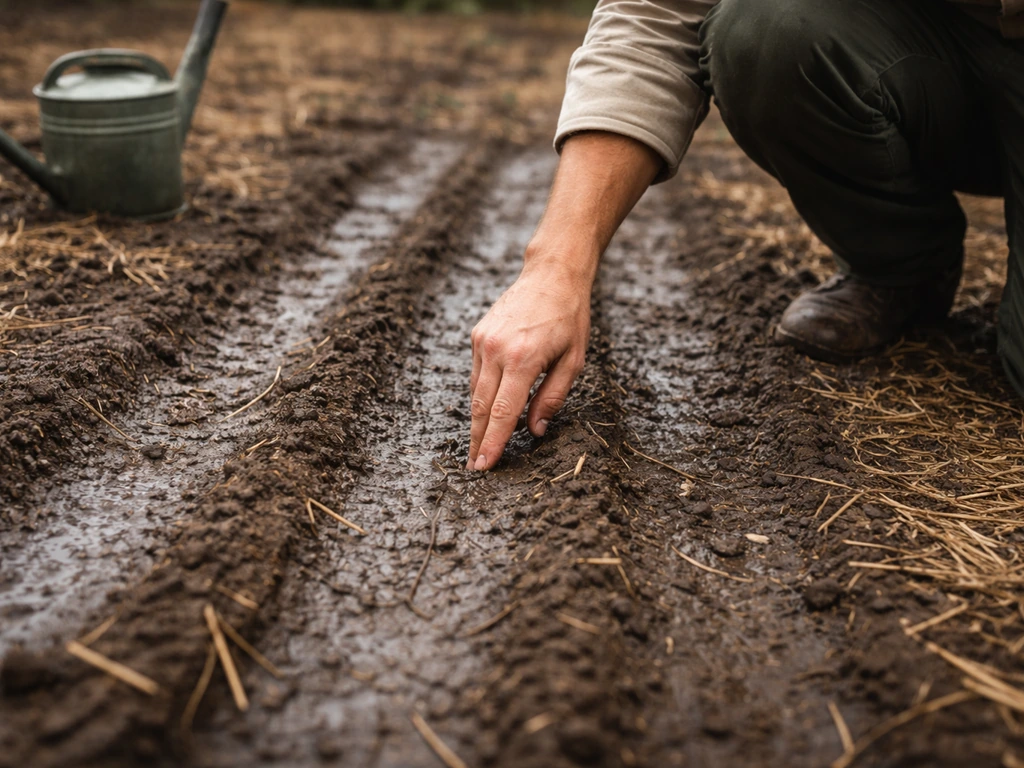 Gardener kneeling by a corn seedbed, checking soil crusting and moisture after heavy rain.