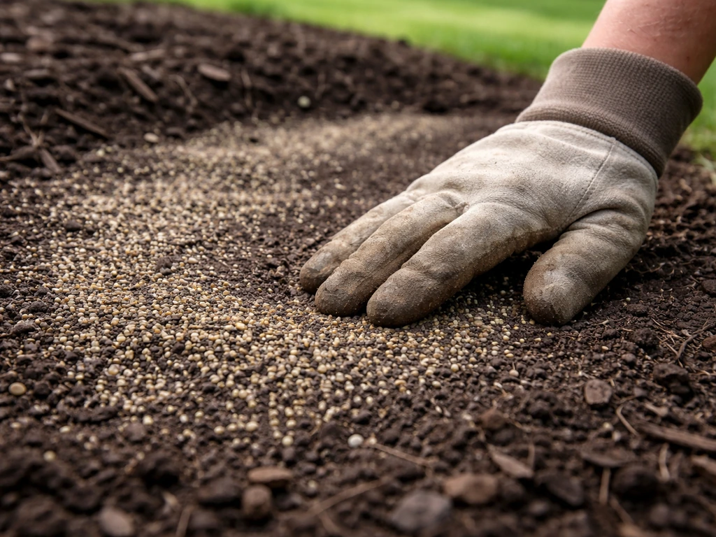 Gloved hand smoothing Scotts EZ Seed over prepared soil patch with dark mulch for lawn growth readiness.