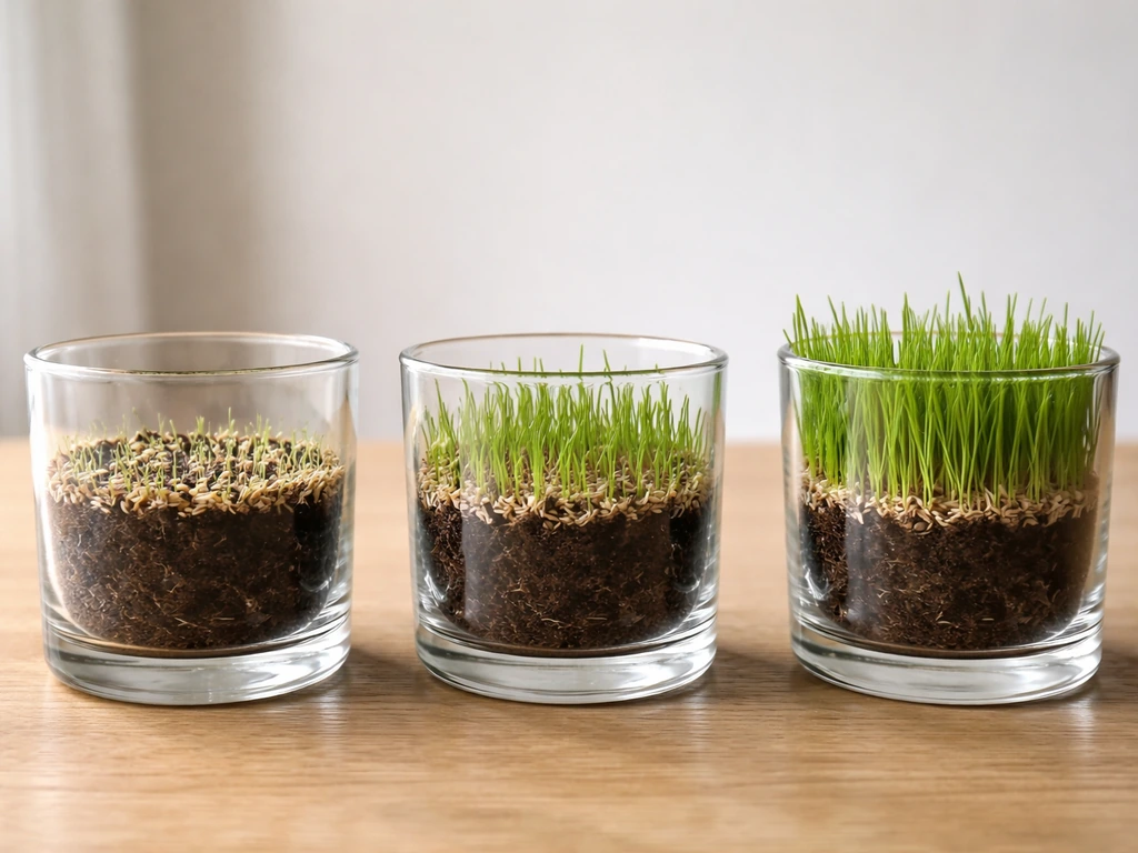 Three small glass pots show grass seed stages: sprouts, seedlings, then thicker green coverage.