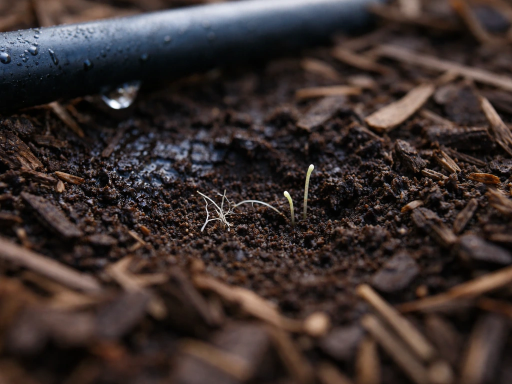 Moist soil under dark mulch with tiny white roots and hair-thin sprouts emerging