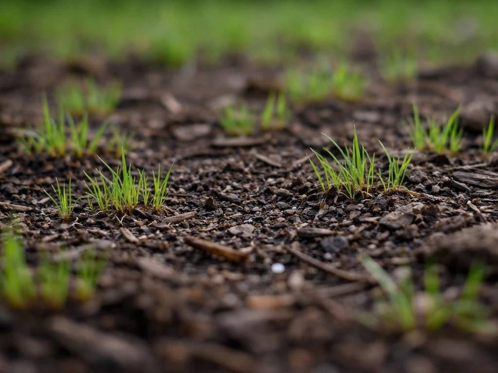Thin, patchy grass seedlings emerging through mulch as roots develop near the soil surface.
