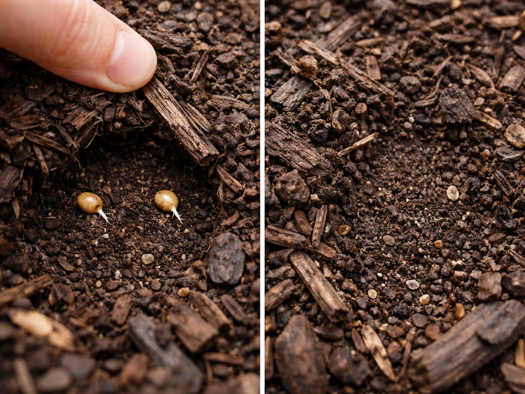 Close-up of mulch pulled back to reveal white root tips on one seed and unchanged soil on another.