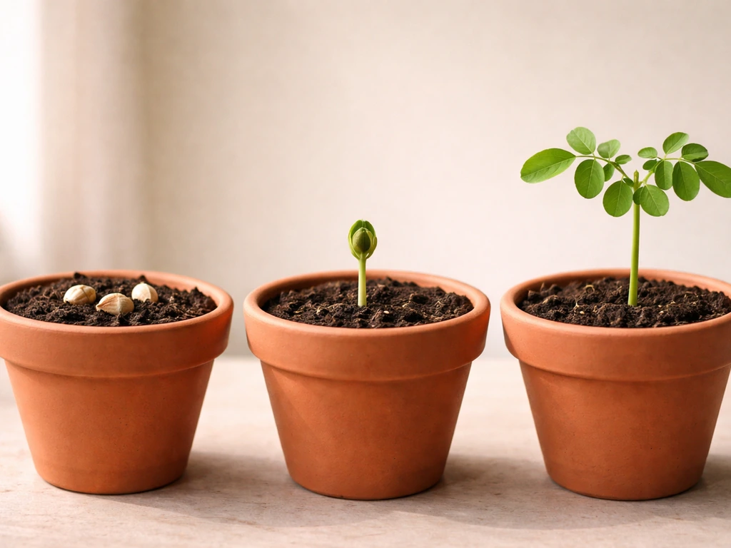 Moringa seeds sprouting into a young leafy plant in simple staged steps on a warm windowsill.