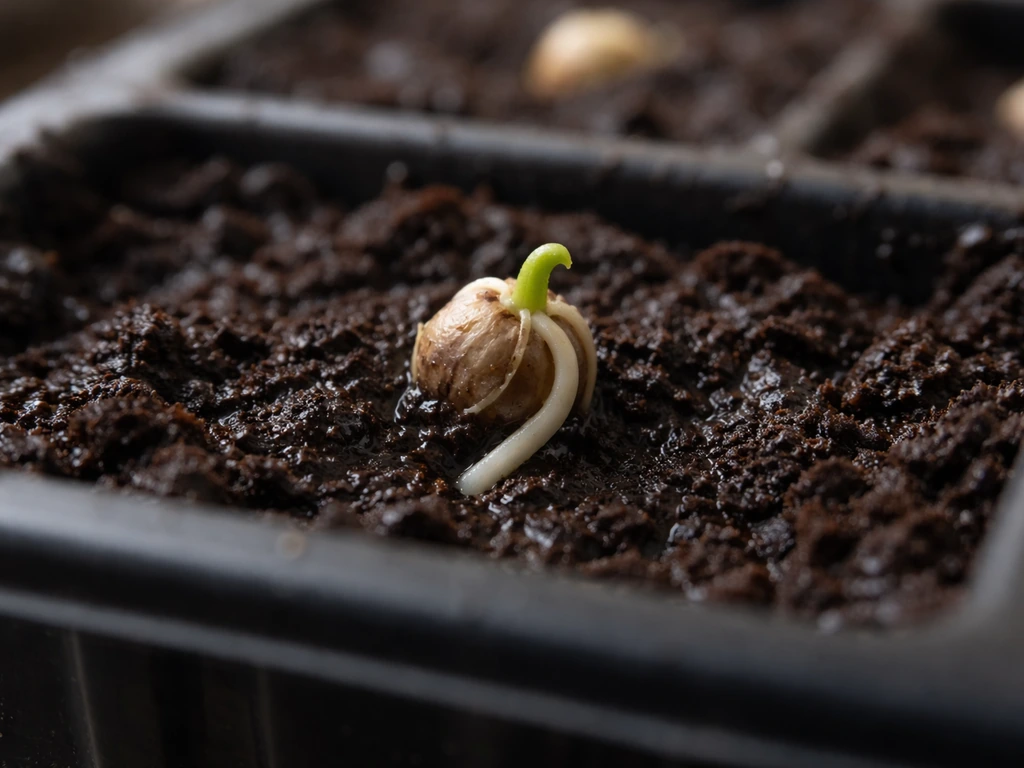 Close-up of moringa seeds sprouting in soil, showing early taproot emergence after about 7–15 days.