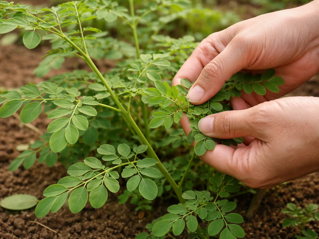 Close-up of hands picking fresh moringa leaves from a young plant in a garden.
