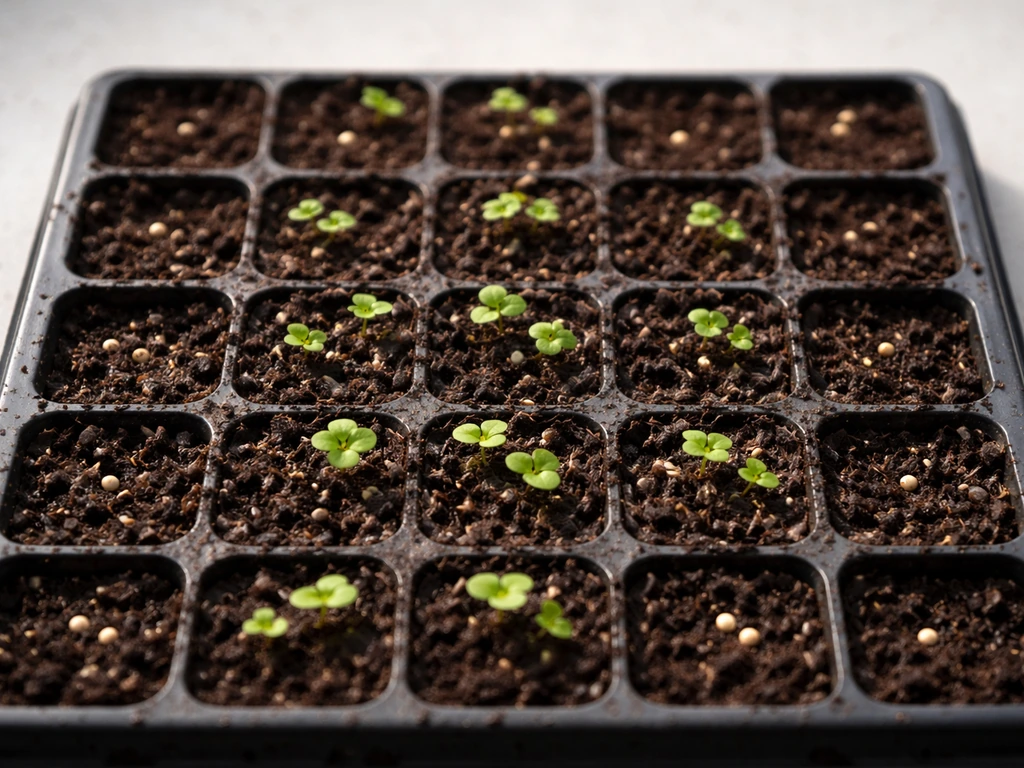 Top-down view of an impatiens seed-starting tray with small seedlings emerging from soil cells.