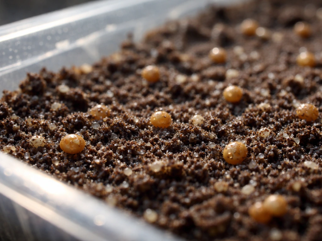 Tiny impatiens seeds scattered on moist seed-starting mix with subtle moisture highlights