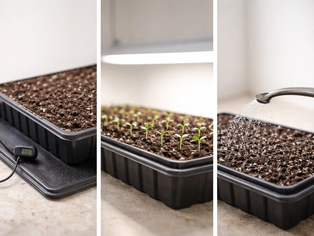 Three close-up seed-starting setups showing temperature, light, and moisture control for faster germination.