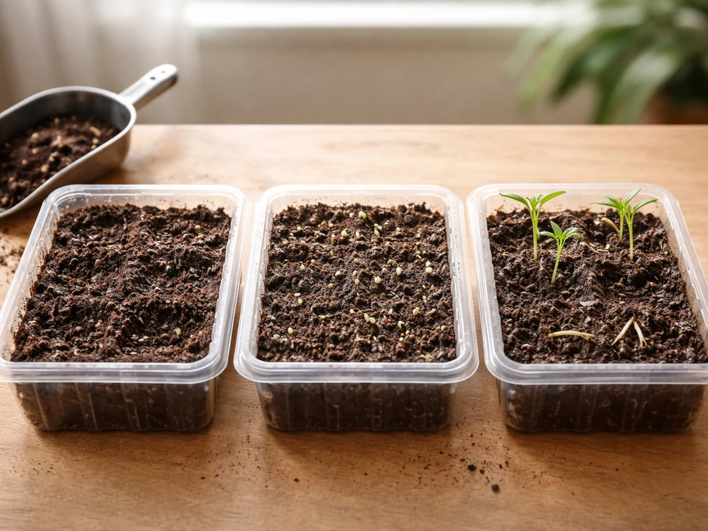 Three seed trays showing buried seeds, surface-sown seeds with sprouts, and damping-off-like seedlings