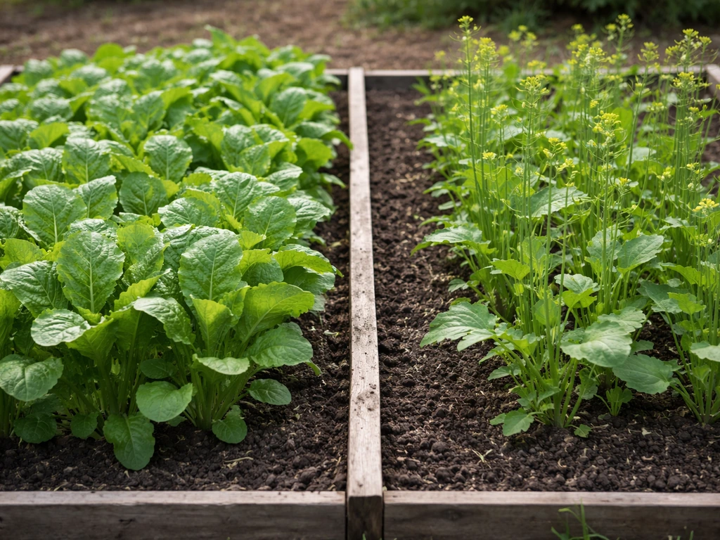 Mustard greens and taller mustard varieties growing in separate garden beds side by side