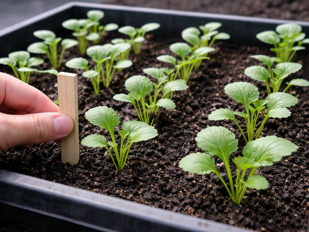 Close-up of mustard seedlings in a tray with visible true leaves and spaced row markers indicating inches
