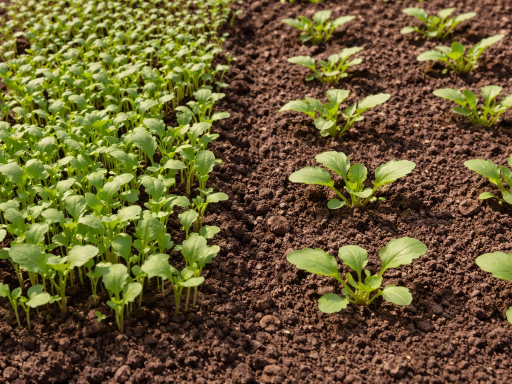 Overcrowded mustard seedlings in soil, then visibly thinned rows to show spacing for better growth.