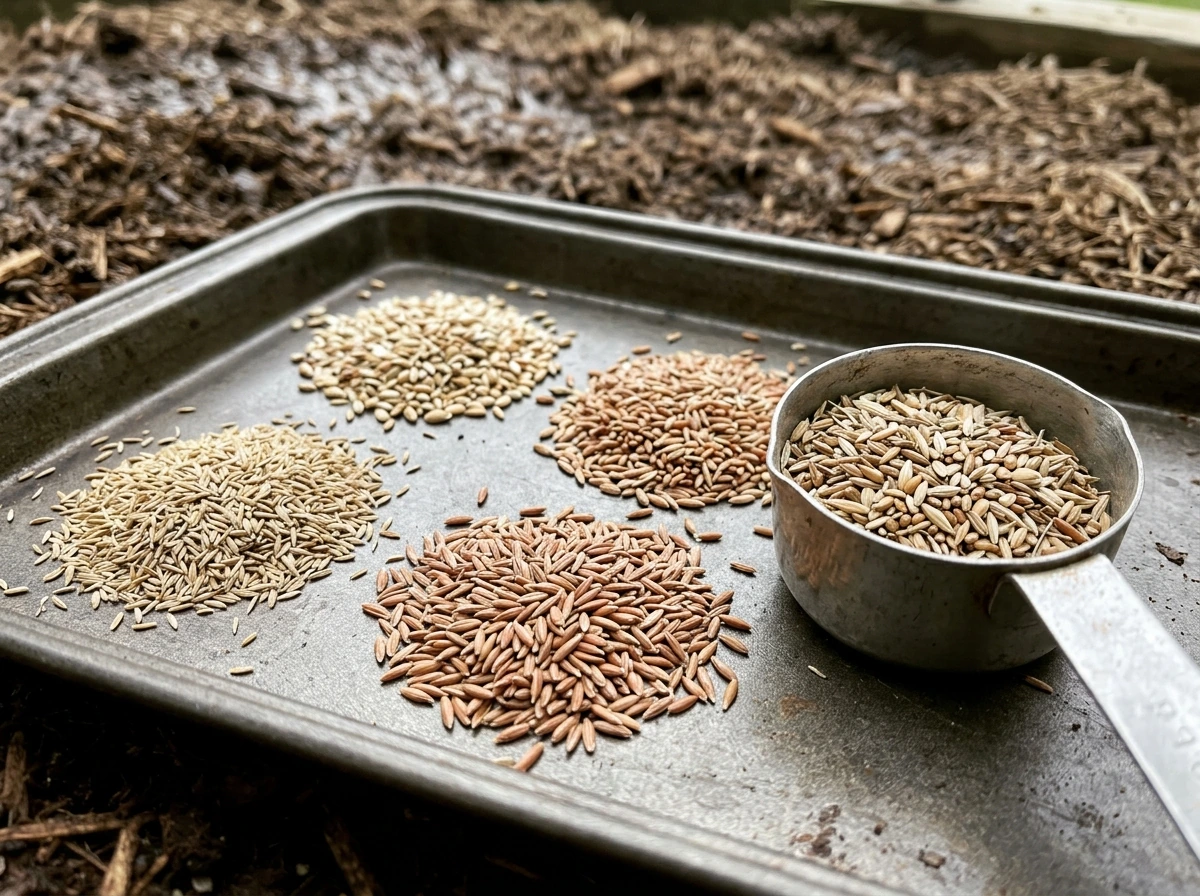 Closeup of different grass seed types for hydroseeding mix