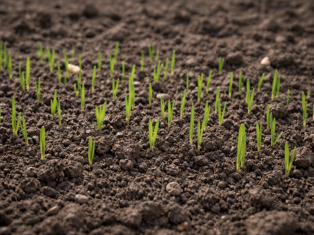 Close-up of rye grass seedlings sprouting from a prepared seedbed in soil.