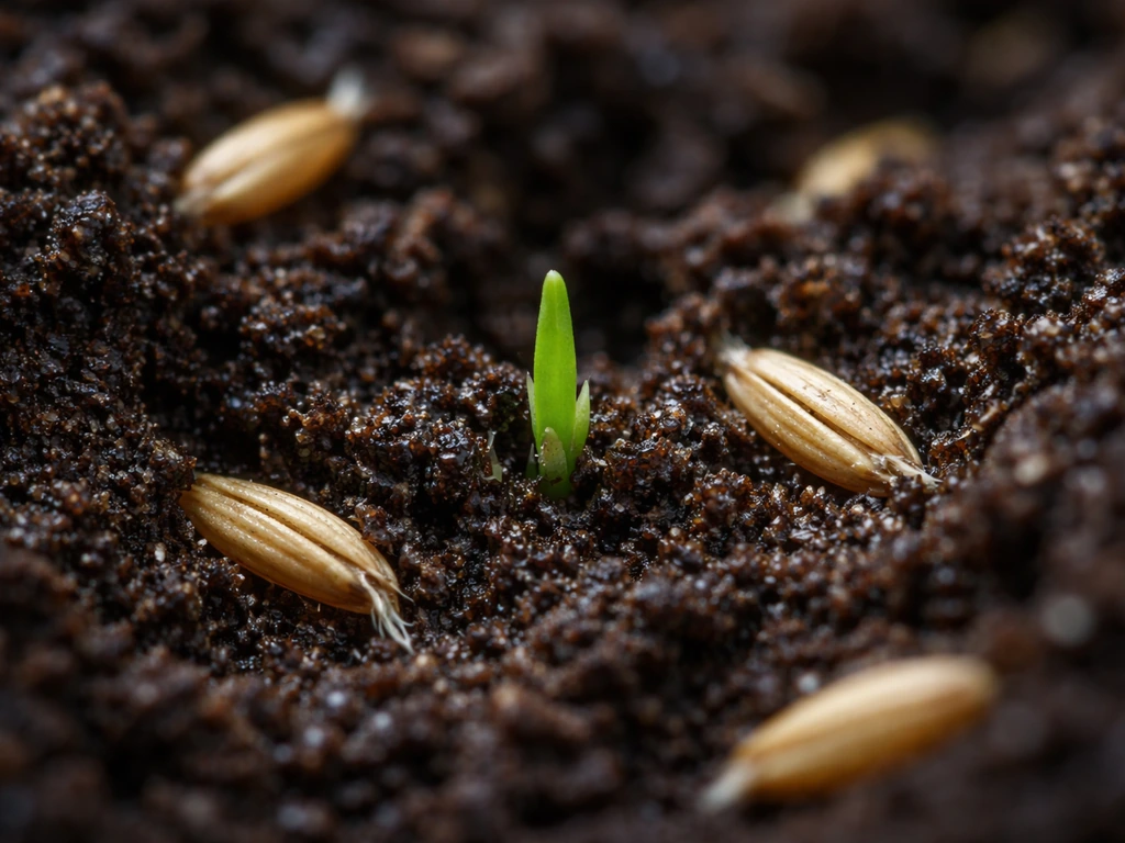 Rye grass seeds in dark soil with a tiny first sprout emerging, close-up macro view