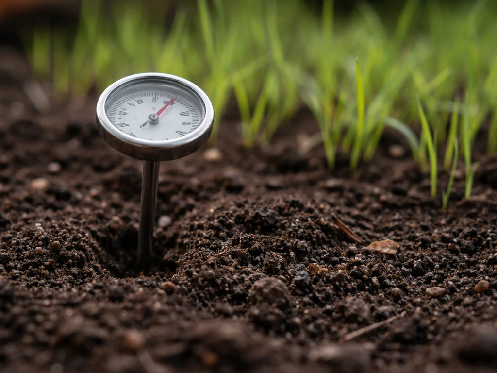 Close-up of a soil thermometer probe in a seedbed with a nearby analog thermometer reading temperature.