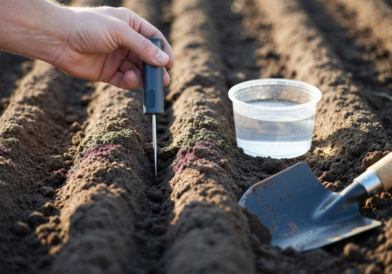 Hand holds a soil thermometer inserted 2 inches into a moist seedbed; no seedlings yet.