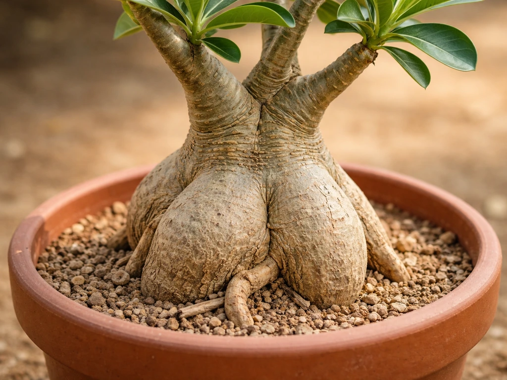 Mature desert rose caudex and branches in close-up, showing long-term growth potential.