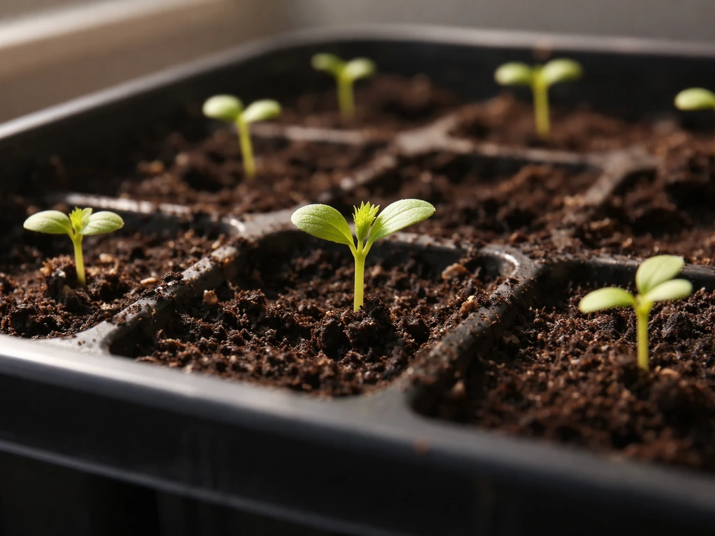 Close-up of a seedling as cotyledons give way to first true leaves in moist seed-starting soil.