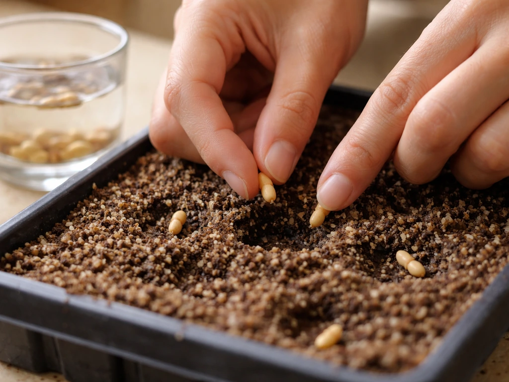 Hands placing pre-soaked desert rose seeds into moist germination medium at shallow depth in a tray.