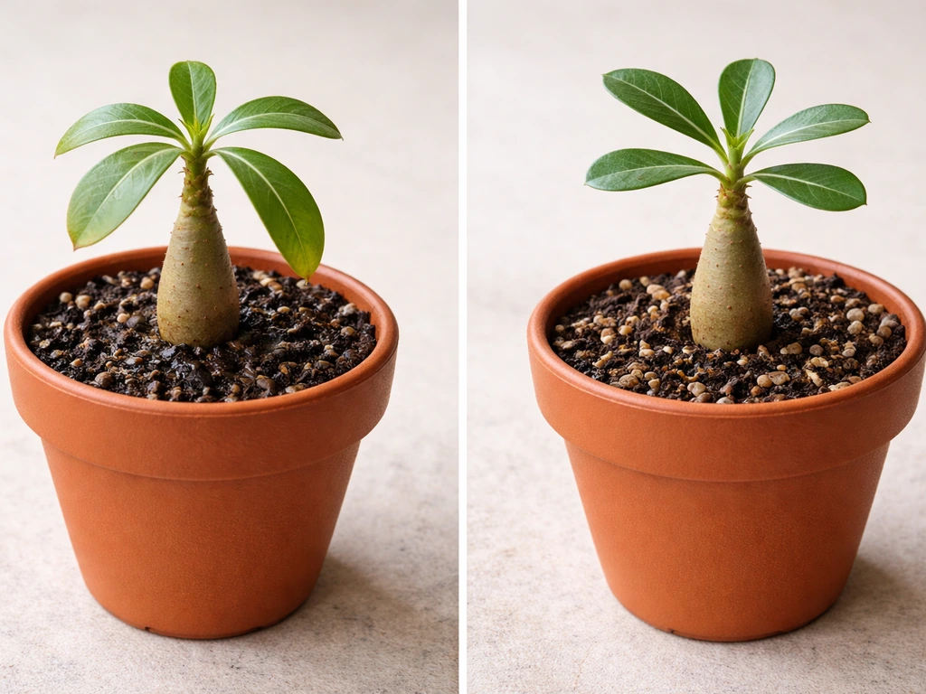 Side-by-side desert rose seedlings: left overwatered with droopy yellow leaves and soggy soil; right healthy upright.