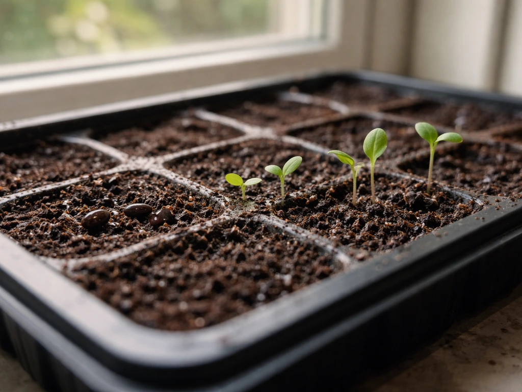 Seed tray close-up showing seeds and newly emerged seedlings in moist seed-starting mix under window light.