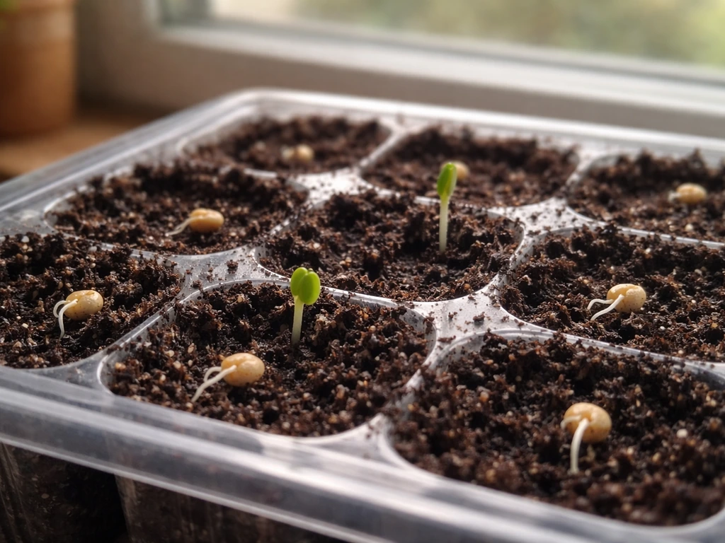 Close-up of a seed-starting tray showing newly sprouted seeds with tiny roots and small green shoots.