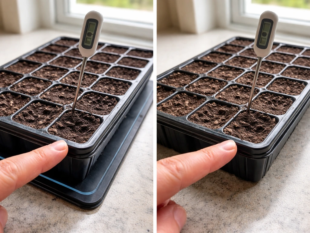 Two seed-starting trays side by side: warm moist soil on a heat mat vs cold dry soil.