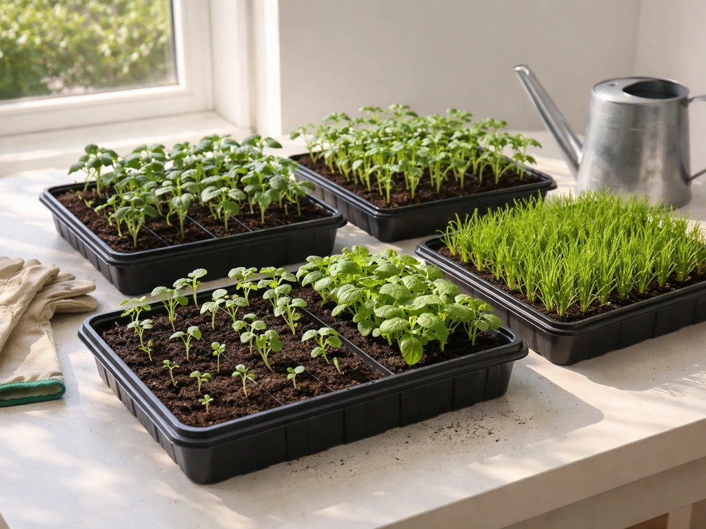 Seedling trays at different growth stages for lettuce, basil, marigold, and grass on a sunny table.