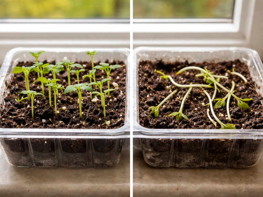 Seedling tray showing healthy seedlings beside leggy, damping-off seedlings in damp soil.