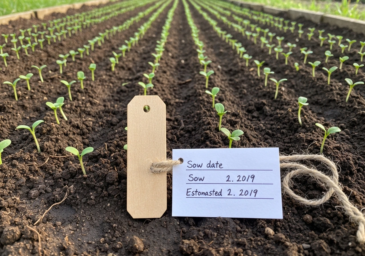 Freshly sprouted summer seedlings in a garden bed with a simple handwritten sow schedule on a small tag