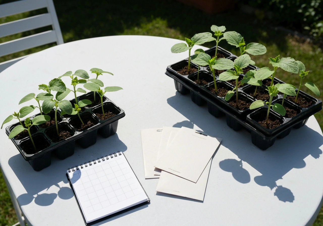 Simple garden seed-starting scene with small labeled seed packets and a calendar-like notebook