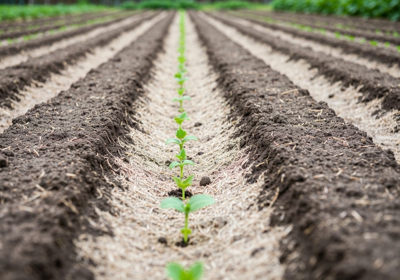 Close-up of cucumber sprouts emerging from direct-sown soil in neat garden rows.