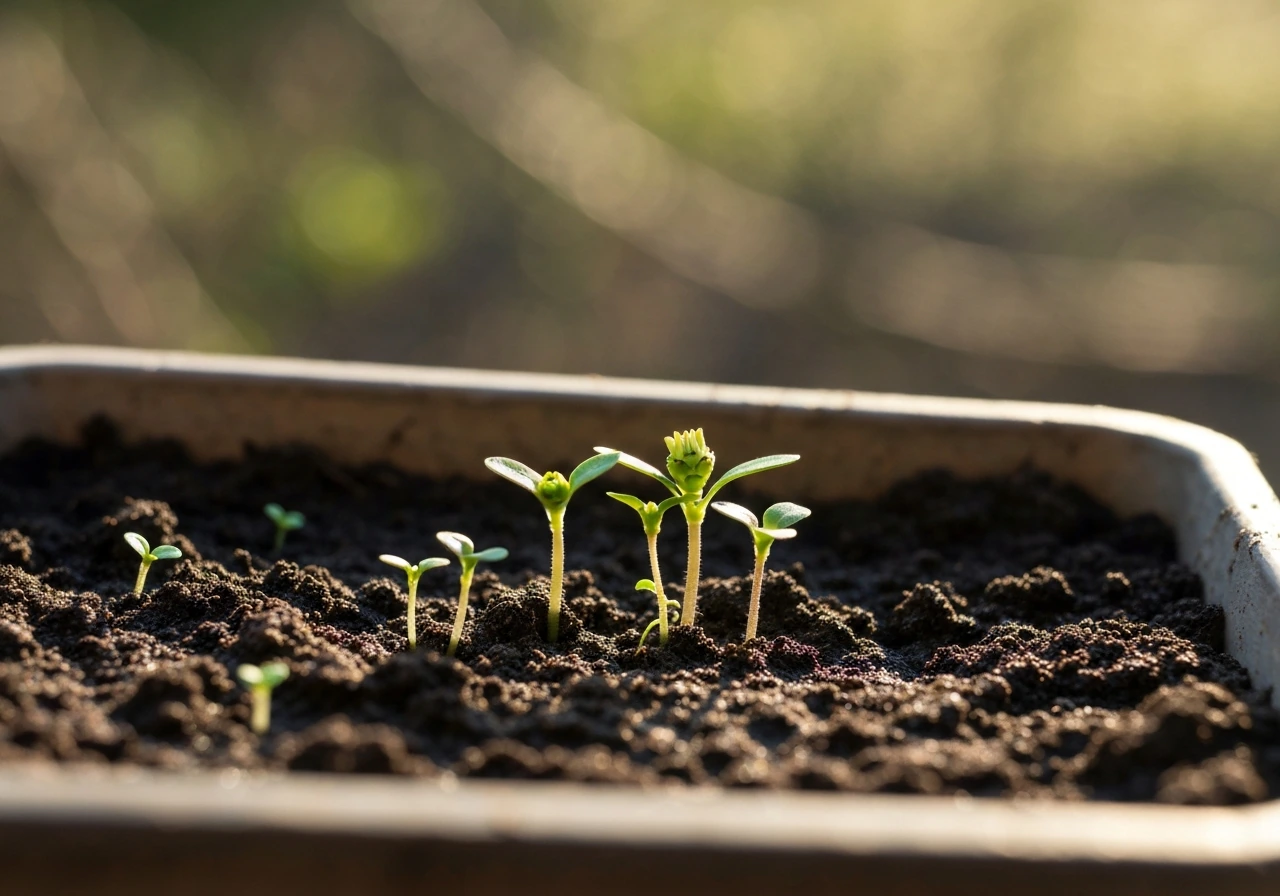 Close-up of zinnia seedlings sprouting in warm, moist soil with a hint of early buds.