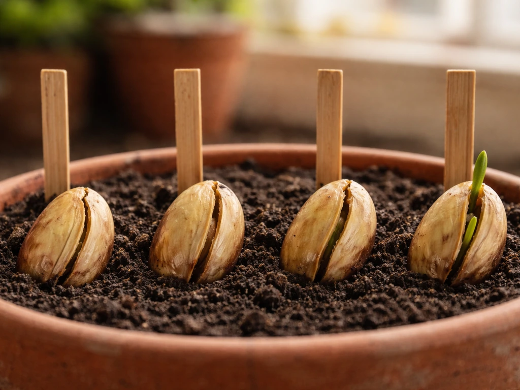 Moist mango pit in soil with a subtle sprout emerging, shown like a simple time progression.