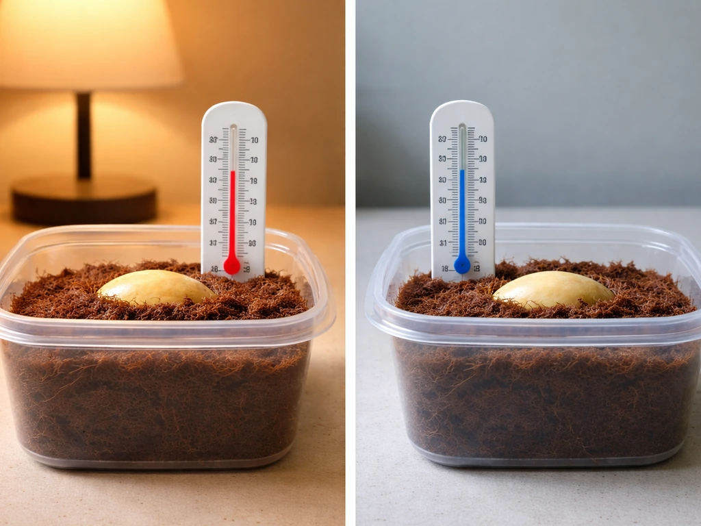 Warm and cool germination setup for a mango seed, with a thermometer showing temperature difference.
