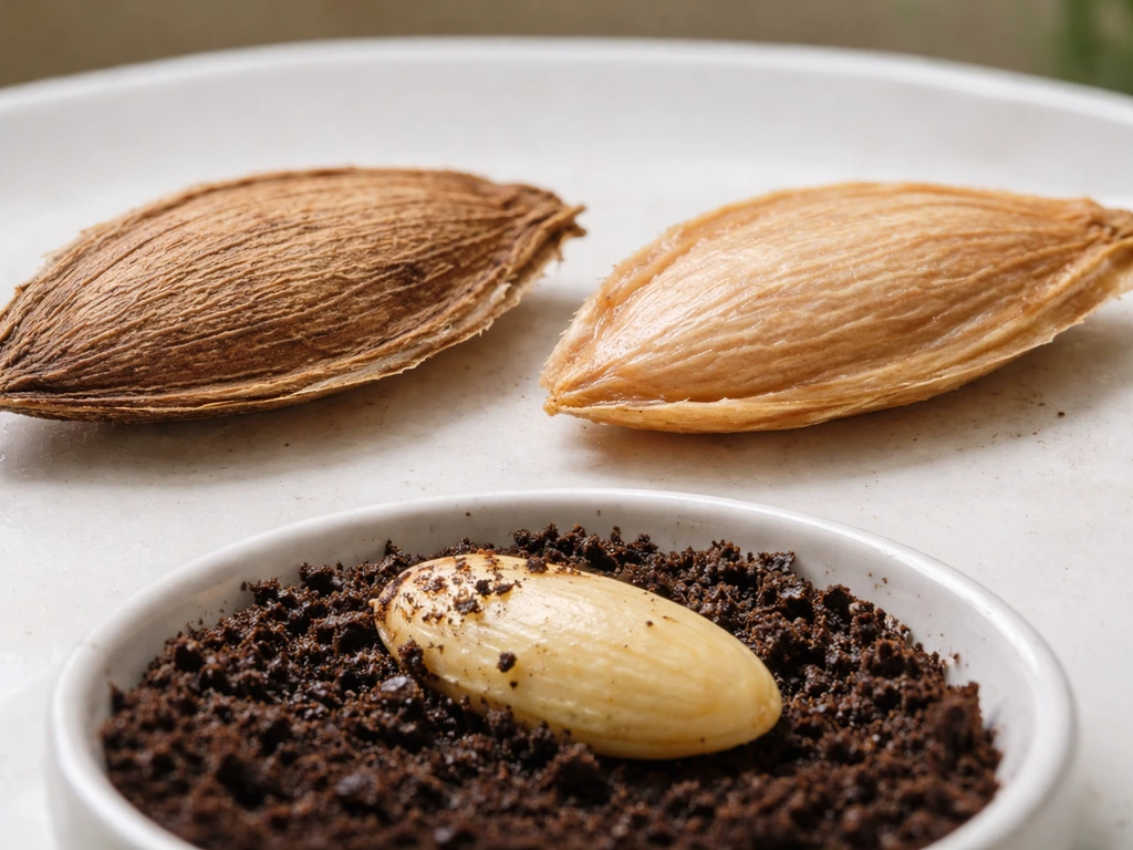 Macro of mango seed endocarp—dry unsoaked vs softened husk—plus seed ready in shallow moist soil.