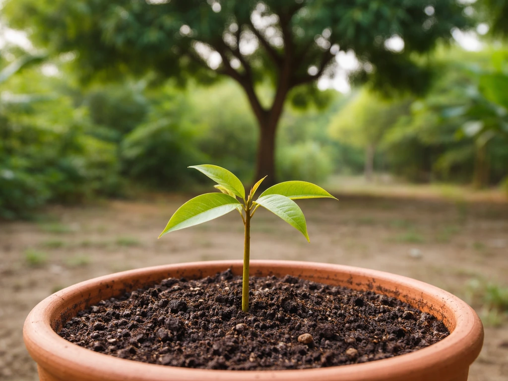 Mango seedling in a small outdoor container with a hazy mature tree silhouette in the background