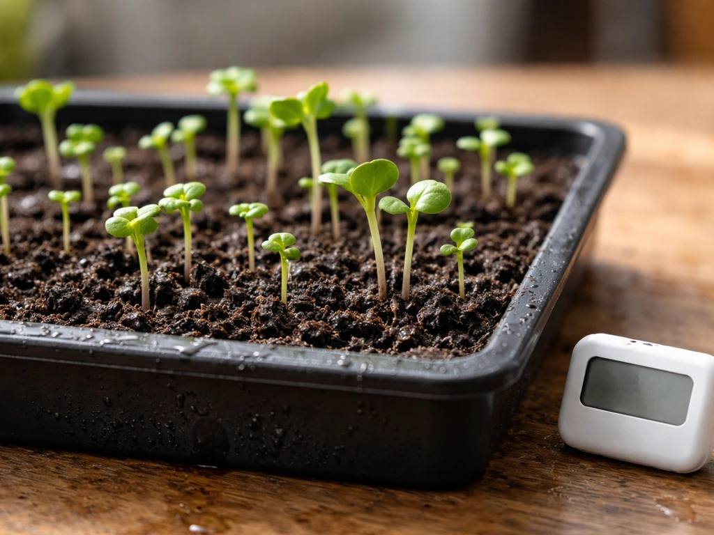 Fast-germinating radish and cress sprouts emerging from moist soil in a seed tray under natural light.